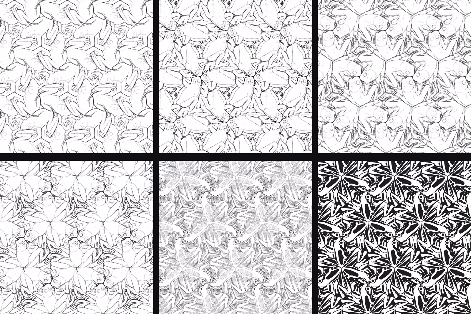 A. Bannwarth for Psychoactive Studios, Iterations on Frogs, digital, 2019 — six in-progress hexagonal frog tessellations.