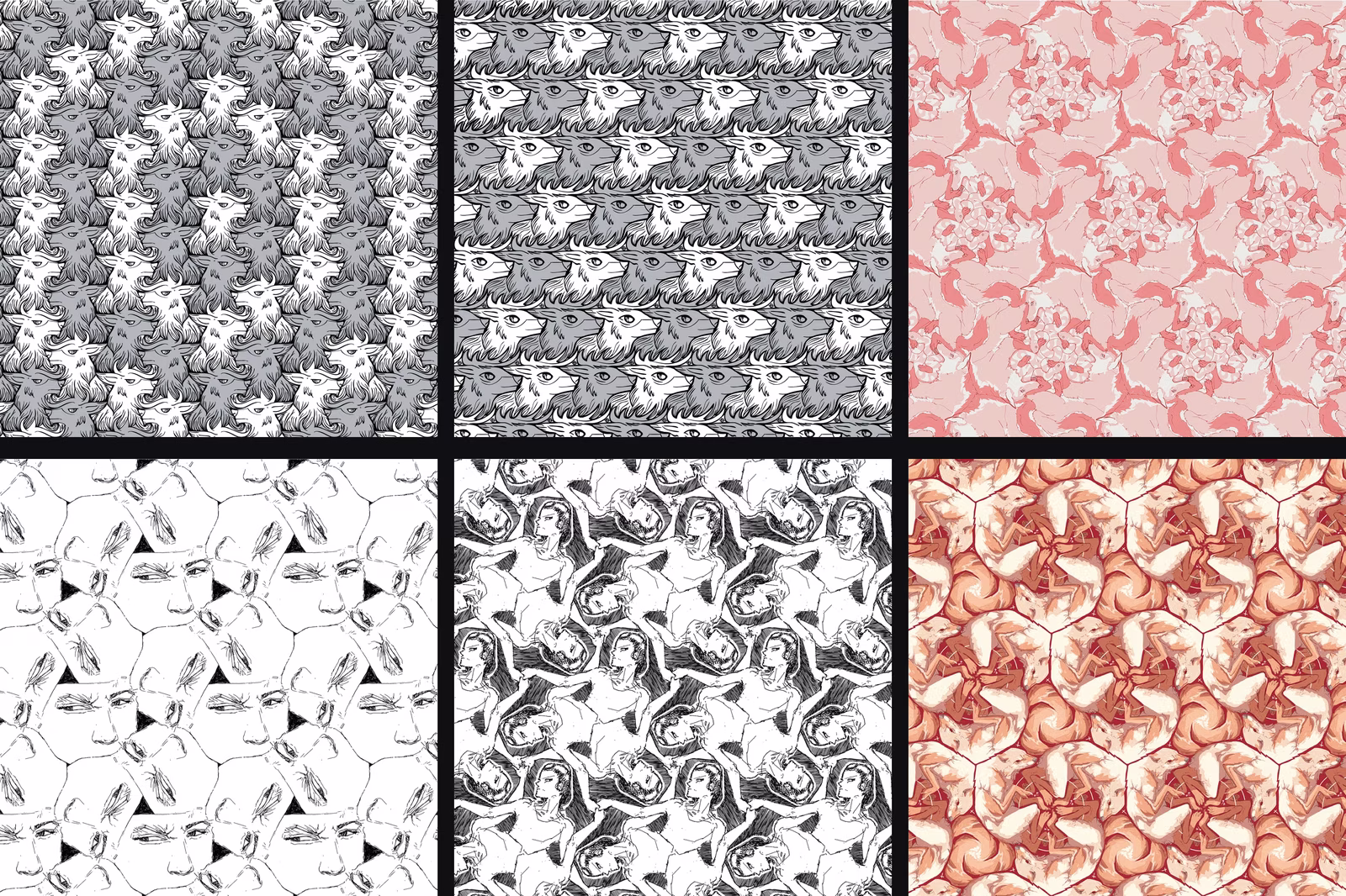 A. Bannwarth, Tessellations, digital, 2013-2020 — a collection of six earlier hexagonal tessellation studies.