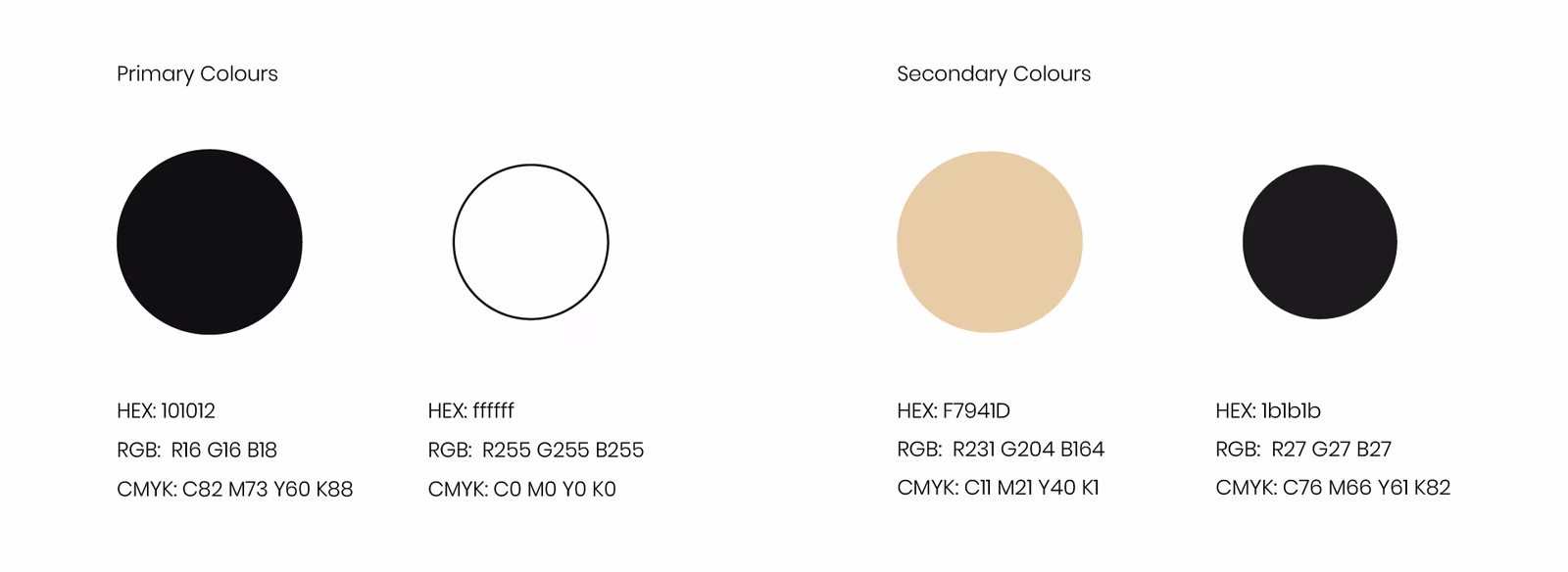 Psychoactive 2021 brand colour palette: primary black and white, secondary gold and dark grey.