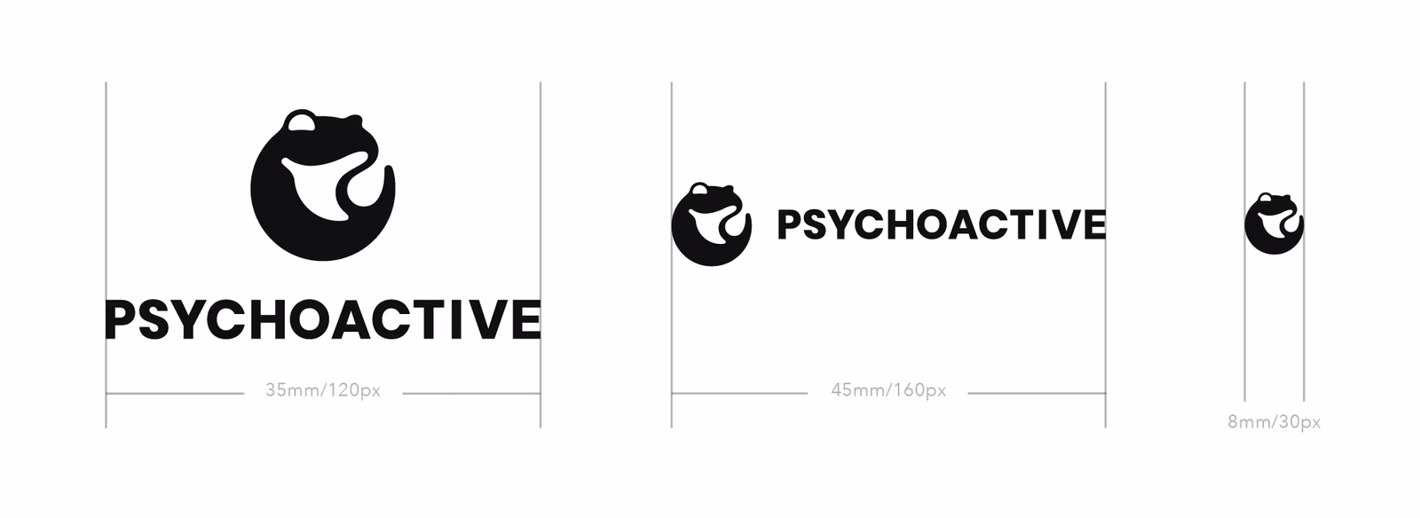 Logo lockup specifications showing the Psychoactive tadpole + wordmark at 35mm, 45mm and 8mm scales.