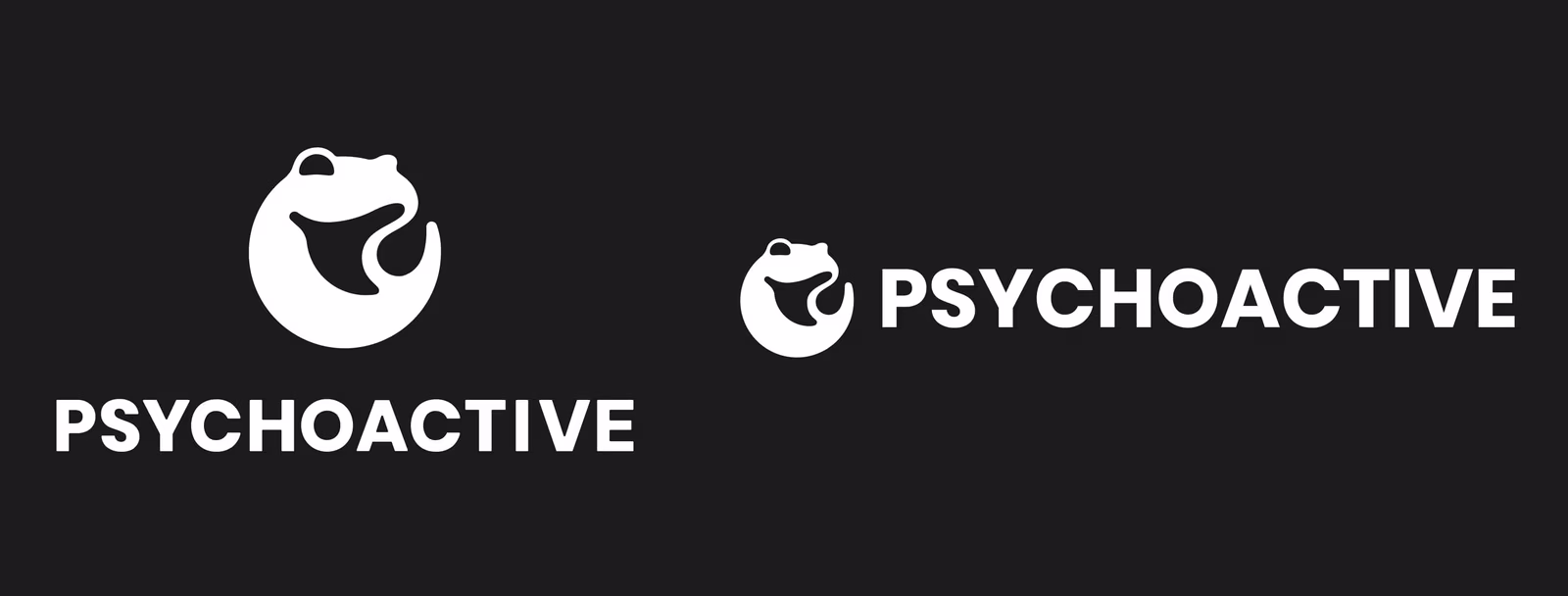 Two arrangements of the original Psychoactive tadpole logo with the Psychoactive wordmark.