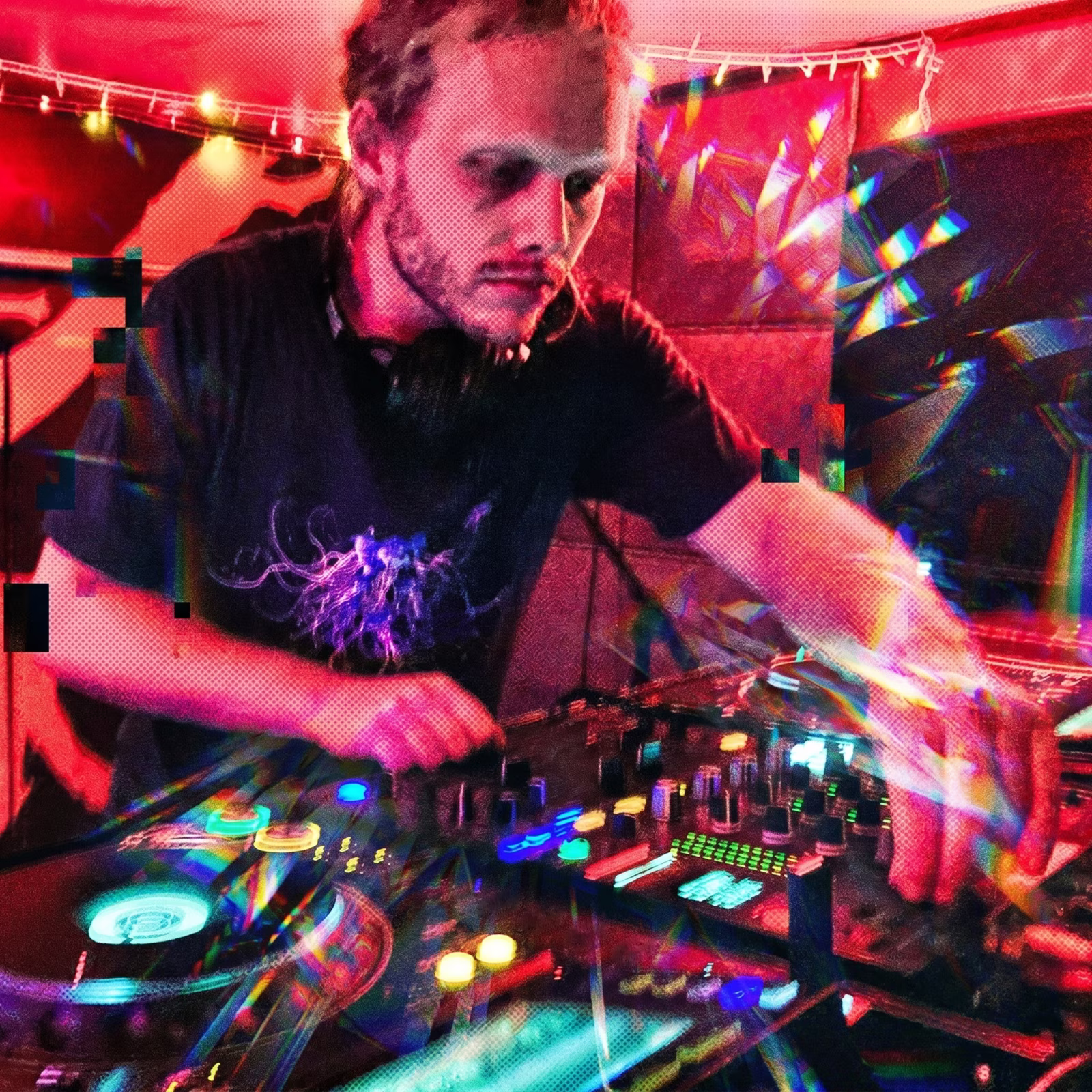 Josh Waay DJing, treated with chromatic aberration and glitch effects matching the Psychoactive 3.0 visual system.